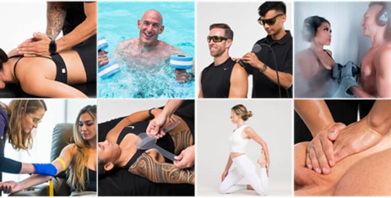 A collage of pictures of people doing various types of exercise.