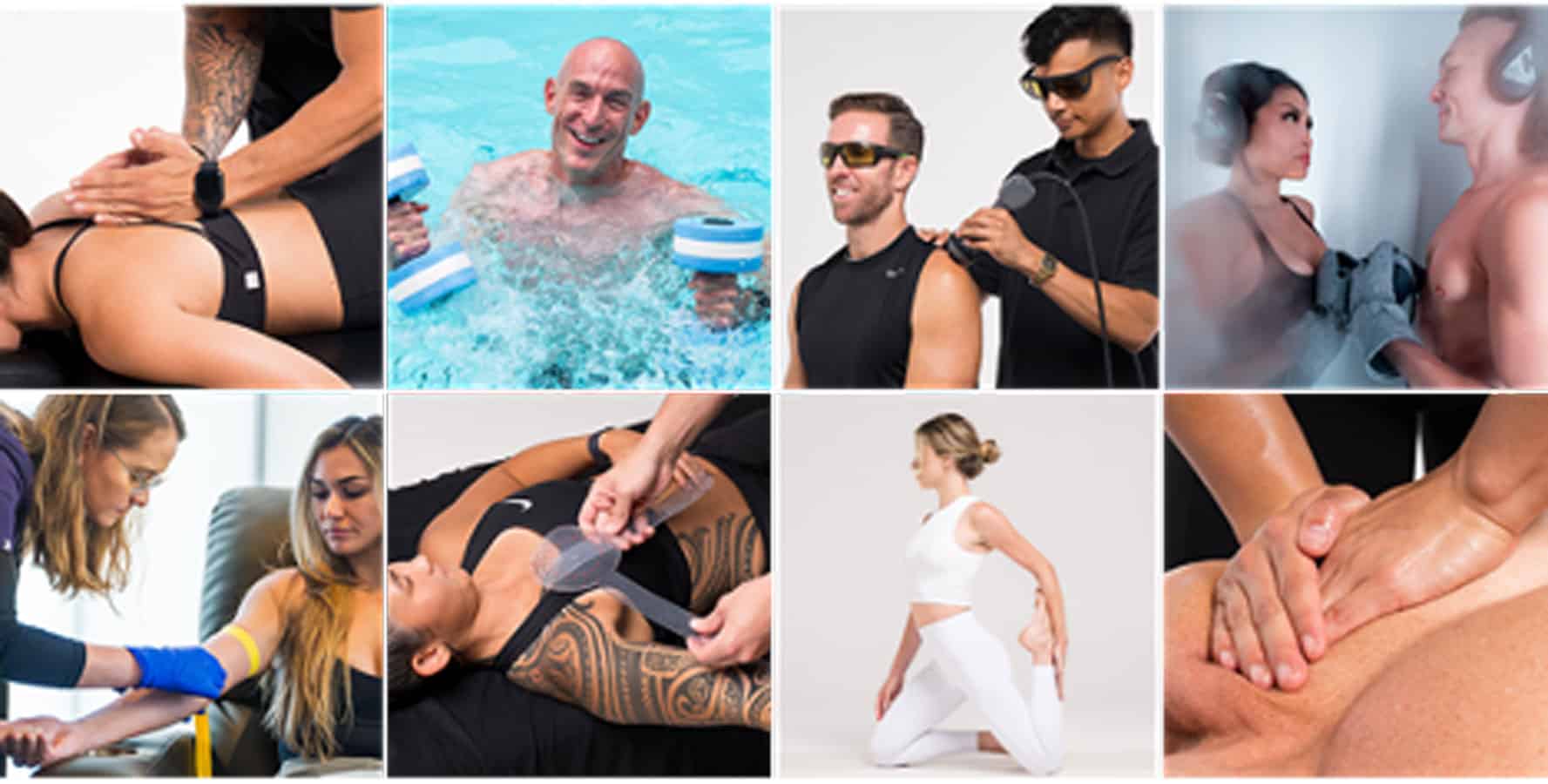 A collage of pictures of people doing various types of exercise.