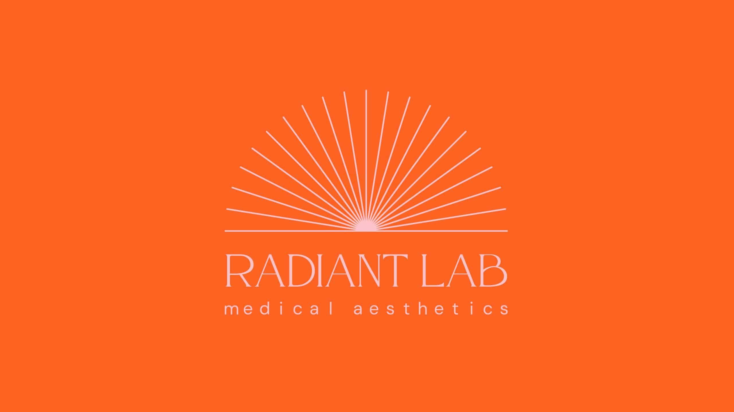 Orange background with white text "RADIANT LAB medical aesthetics" and a sunburst design above the text.